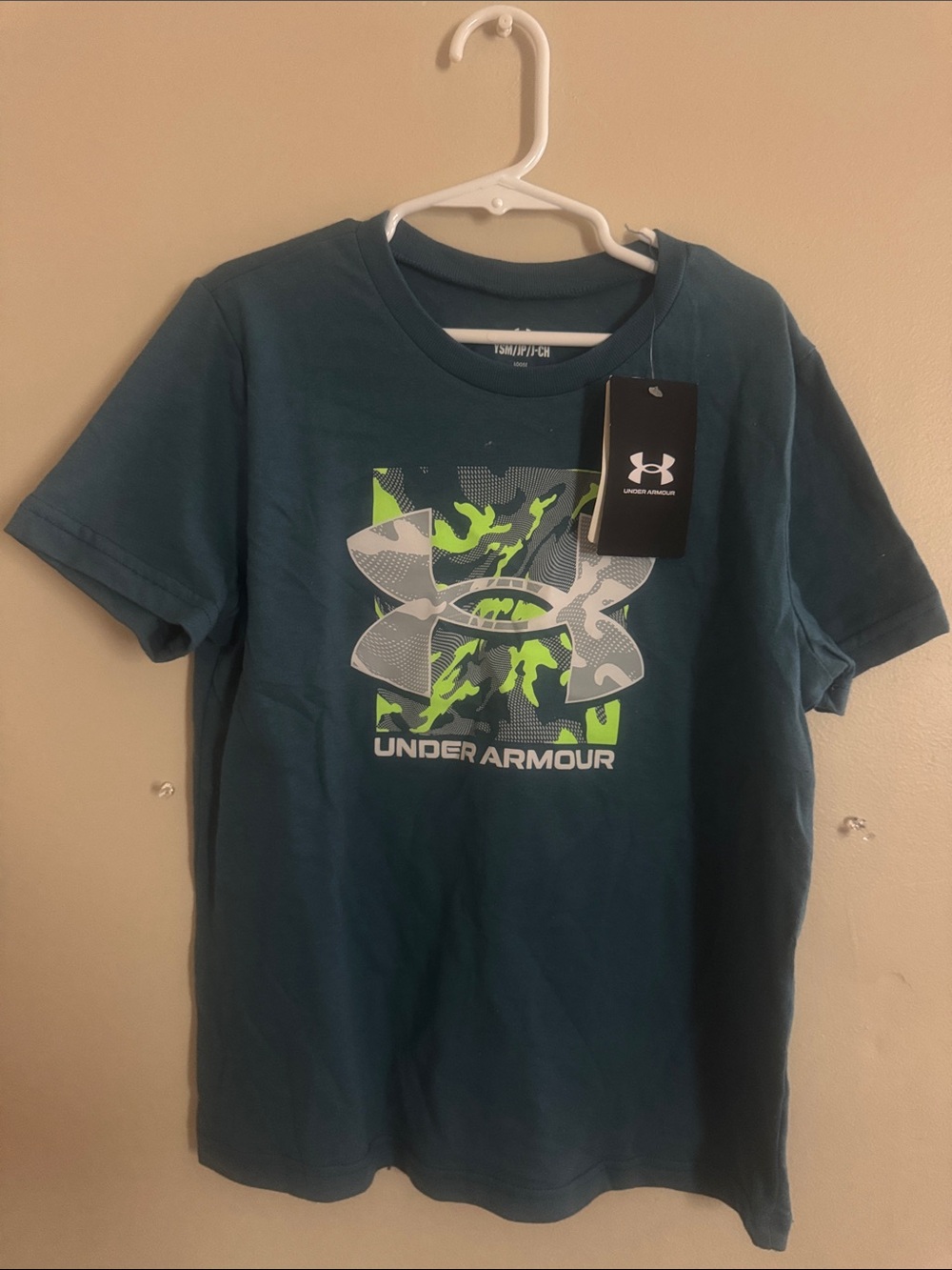 Under Armour Teal Short-Sleeve Tee with Neon Green Camo Logo
